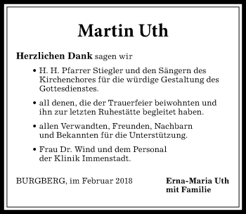 Traueranzeige von Martin Uth von Allgäuer Anzeigeblatt