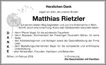 Traueranzeige von Matthias Rietzler von Memminger Zeitung