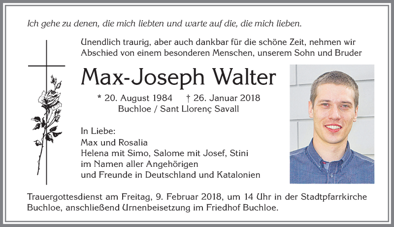  Traueranzeige für Max-Joseph Walter vom 05.02.2018 aus Allgäuer Zeitung, Kaufbeuren/Buchloe
