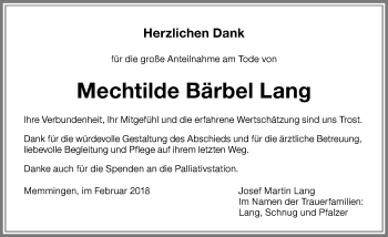Traueranzeige von Mechtilde Bärbel Lang von Memminger Zeitung