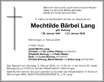 Traueranzeige von Mechtilde Bärbel Lang von Memminger Zeitung
