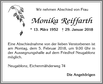 Traueranzeige von Monika Reiffarth von Allgäuer Zeitung, Kaufbeuren/Buchloe