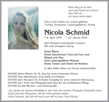 Traueranzeige von Nicola Schmid von Allgäuer Zeitung,Kempten