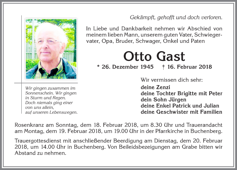  Traueranzeige für Otto Gast vom 17.02.2018 aus Allgäuer Zeitung,Kempten