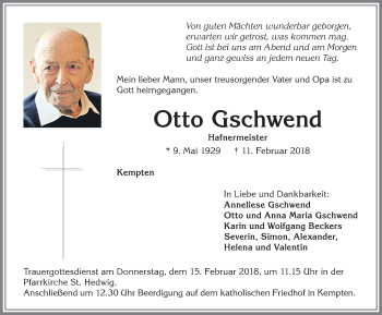 Traueranzeige von Otto Gschwend von Allgäuer Zeitung,Kempten