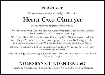 Traueranzeige von Otto Ohmayer von Der Westallgäuer