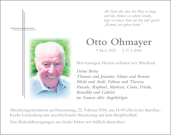 Traueranzeige von Otto Ohmayer von Der Westallgäuer