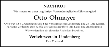 Traueranzeige von Otto Ohmayer von Der Westallgäuer