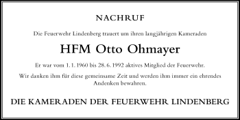 Traueranzeige von Otto Ohmayer von Der Westallgäuer