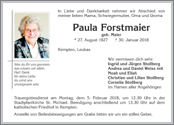 Traueranzeige von Paula Forstmaier von Allgäuer Zeitung,Kempten