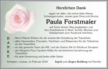 Traueranzeige von Paula Forstmaier von Allgäuer Zeitung,Kempten