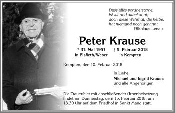 Traueranzeige von Peter Krause von Allgäuer Zeitung,Kempten