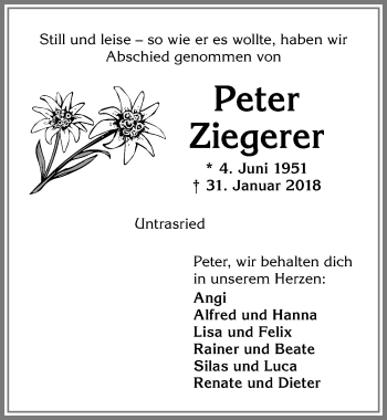 Traueranzeige von Peter Ziegerer von Allgäuer Zeitung,Kempten