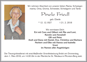 Traueranzeige von Pinele Friedl von Allgäuer Zeitung, Füssen