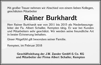 Traueranzeige von Rainer Burkhardt von Allgäuer Zeitung,Kempten