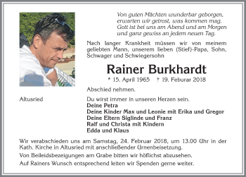 Traueranzeige von Rainer Burkhardt von Allgäuer Zeitung,Kempten