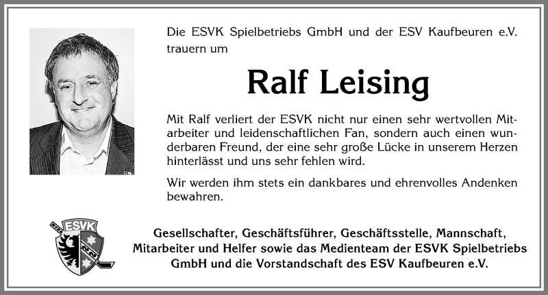  Traueranzeige für Ralf Leising vom 08.02.2018 aus Allgäuer Zeitung, Kaufbeuren/Buchloe