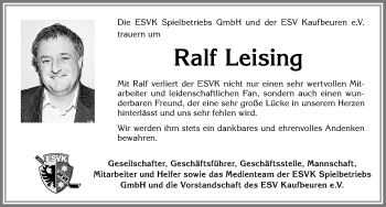 Traueranzeige von Ralf Leising von Allgäuer Zeitung, Kaufbeuren/Buchloe