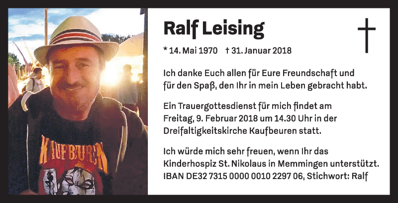  Traueranzeige für Ralf Leising vom 03.02.2018 aus Allgäuer Zeitung, Kaufbeuren/Buchloe