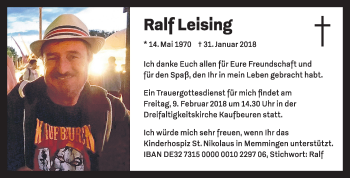 Traueranzeige von Ralf Leising von Allgäuer Zeitung, Kaufbeuren/Buchloe