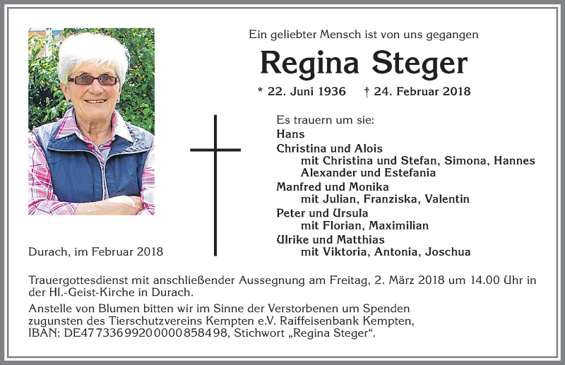  Traueranzeige für Regina Steger vom 28.02.2018 aus Allgäuer Zeitung,Kempten