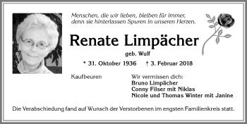 Traueranzeige von Renate Limpächer von Allgäuer Zeitung, Kaufbeuren/Buchloe