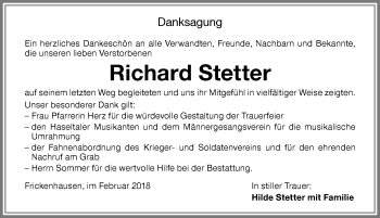 Traueranzeige von Richard Stetter von Memminger Zeitung