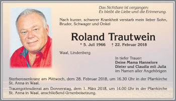 Traueranzeige von Roland Trautwein von Allgäuer Zeitung, Kaufbeuren/Buchloe
