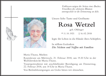 Traueranzeige von Rosa Wetzel von Der Westallgäuer