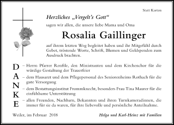 Traueranzeige von Rosalia Gaillinger von Der Westallgäuer