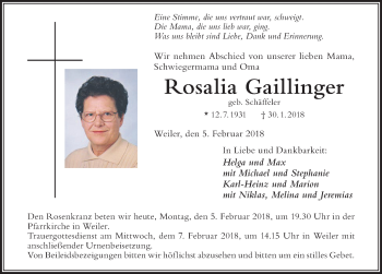 Traueranzeige von Rosalia Gaillinger von Der Westallgäuer