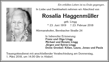 Traueranzeige von Rosalia Haggenmüller von Allgäuer Zeitung, Marktoberdorf