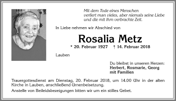 Traueranzeige von Rosalia Metz von Allgäuer Zeitung,Kempten