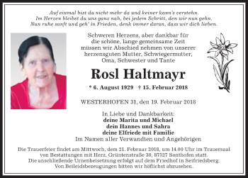 Traueranzeige von Rosl Haltmayr von Allgäuer Anzeigeblatt
