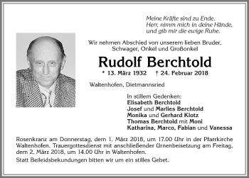 Traueranzeige von Rudolf Berchtold von Allgäuer Zeitung,Kempten