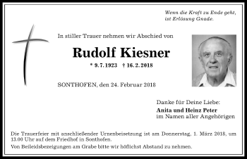 Traueranzeige von Rudolf Kiesner von Allgäuer Anzeigeblatt
