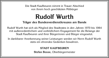 Traueranzeige von Rudolf Wurth von Allgäuer Zeitung, Kaufbeuren/Buchloe