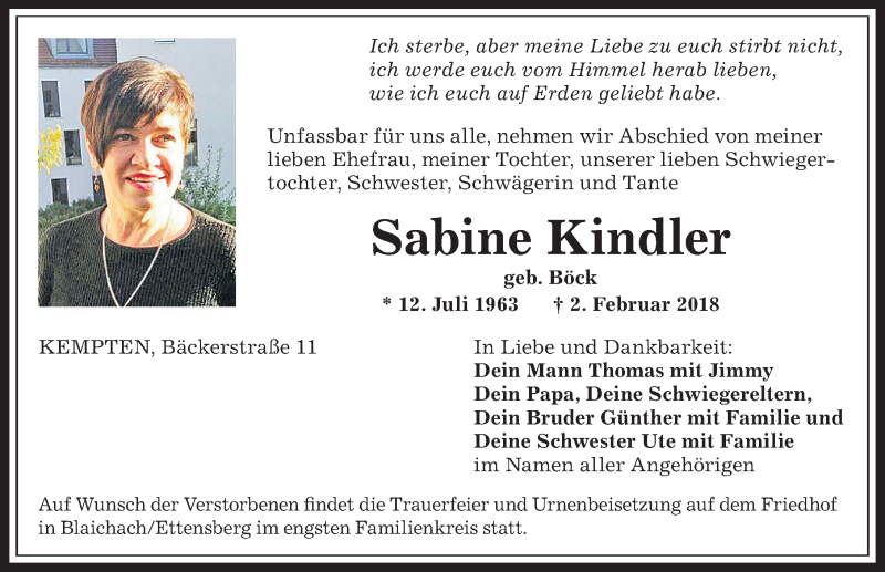  Traueranzeige für Sabine Kindler vom 08.02.2018 aus Allgäuer Zeitung,Kempten