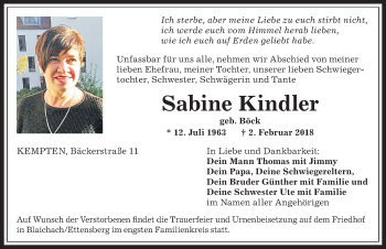 Traueranzeige von Sabine Kindler von Allgäuer Anzeigeblatt