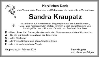 Traueranzeige von Sandra Kraupatz von Allgäuer Zeitung, Marktoberdorf