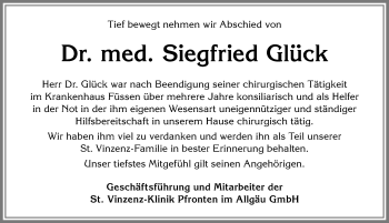 Traueranzeige von Siegfried Glück von Allgäuer Zeitung, Füssen