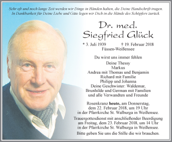 Traueranzeige von Siegfried Glück von Allgäuer Zeitung, Füssen
