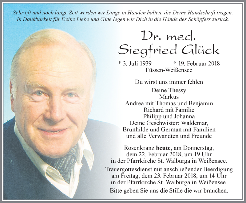  Traueranzeige für Siegfried Glück vom 22.02.2018 aus Allgäuer Zeitung, Füssen