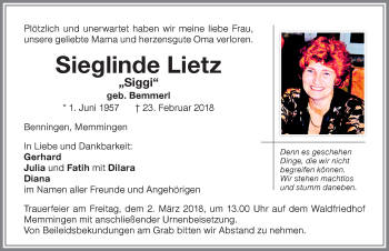 Traueranzeige von Sieglinde Lietz von Memminger Zeitung