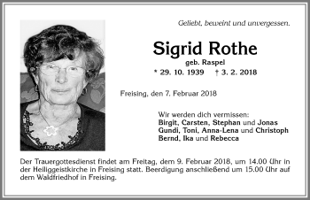 Traueranzeige von Sigrid Rothe von Allgäuer Zeitung, Kaufbeuren/Buchloe