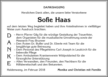 Traueranzeige von Sofie Haas von Allgäuer Zeitung,Kempten