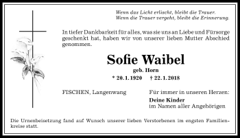 Traueranzeige von Sofie Waibel von Allgäuer Anzeigeblatt