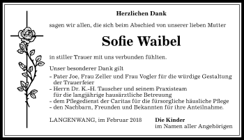 Traueranzeige von Sofie Waibel von Allgäuer Anzeigeblatt
