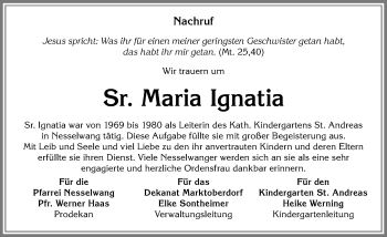 Traueranzeige von Sr. Maria Ignatia  von Allgäuer Zeitung, Füssen