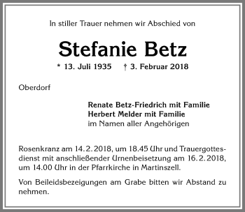 Traueranzeige von Stefanie Betz von Allgäuer Zeitung, Kaufbeuren/Buchloe